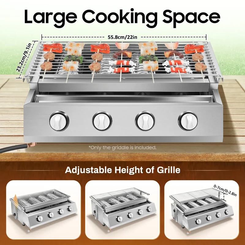Plancha Gaz 4 Brûleurs Inox – Barbecue de Table Sans Fumée, Grille Amovible (GPL)