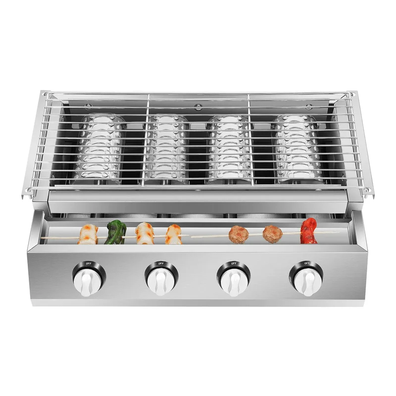 Plancha Gaz 4 Brûleurs Inox – Barbecue de Table Sans Fumée, Grille Amovible (GPL)