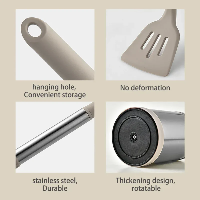 Set d'ustensiles de cuisine en silicone avec poignées en acier inoxydable