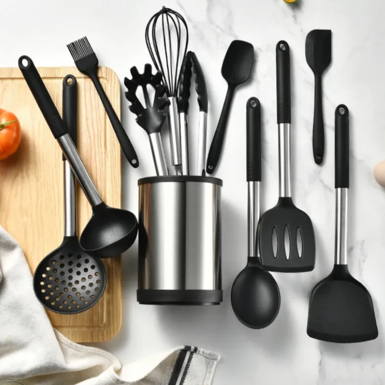 Ensemble de 12 Ustensiles de Cuisine à Base Rotative 360° — Silicone et Acier Inoxydable