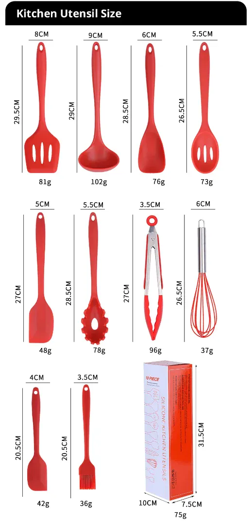 Set de 10 Ustensiles de Cuisine en Silicone Écologique et Résistant à la Chaleur