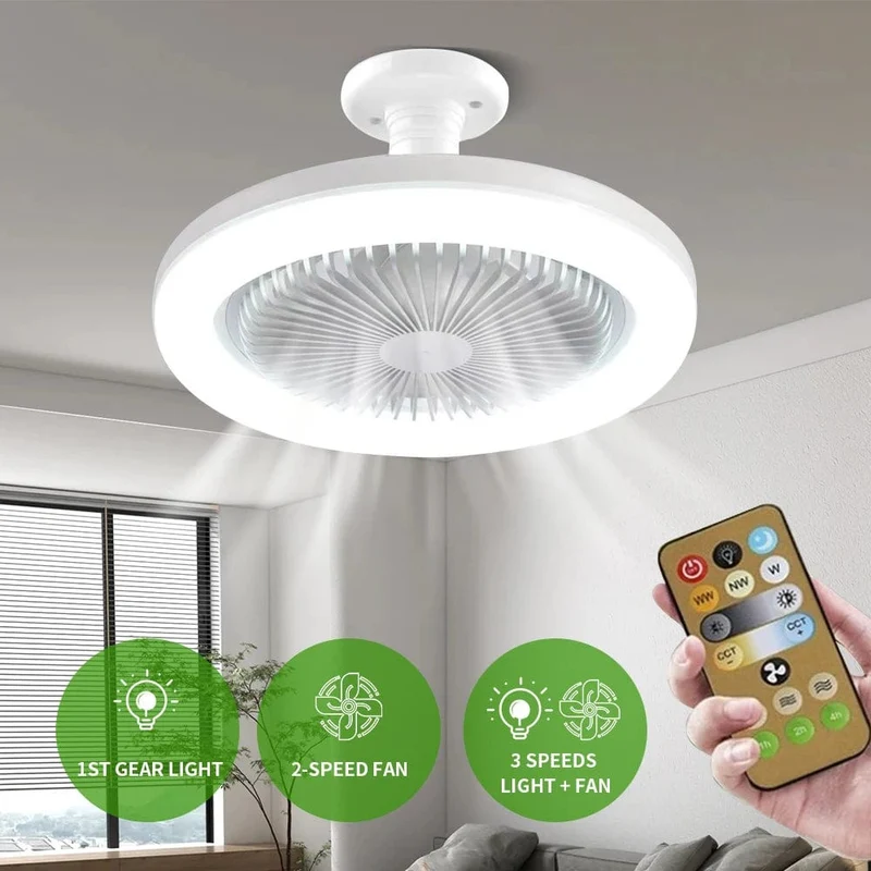 Ventilateur de Plafond avec Lampe LED E27 — 2-en-1, 3 Vitesses, Variateur & Télécommande