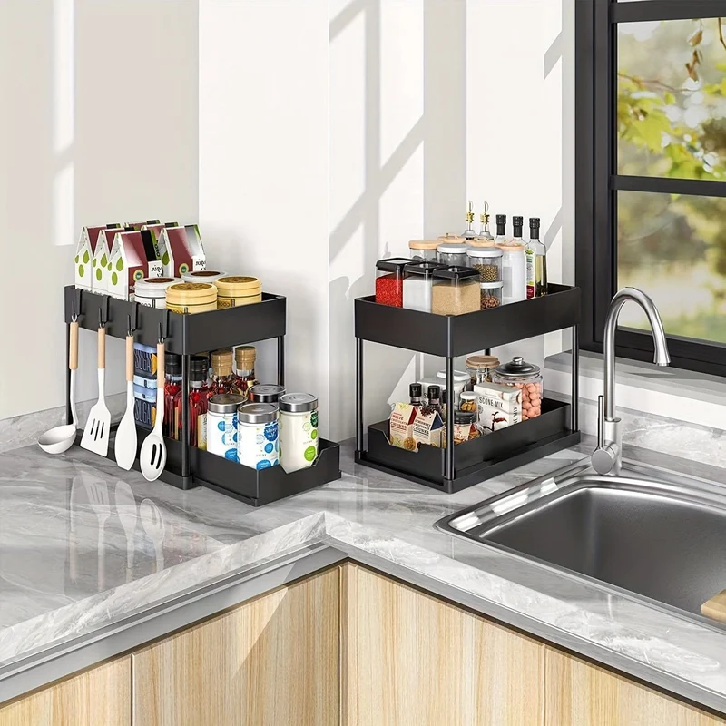 Rangement Coulissant Sous Évier 2 Niveaux — Organiseur Cuisine & Salle de Bain