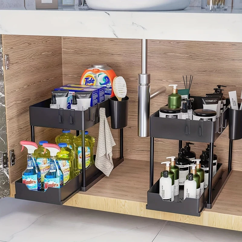 Rangement Coulissant Sous Évier 2 Niveaux — Organiseur Cuisine & Salle de Bain