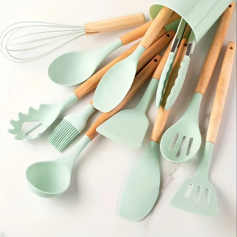 Ensemble d'Ustensiles de Cuisine en Silicone Beige avec Manche en Bois - Lot de 12, Ustensiles de Cuisine Sûrs, Anti-adhésifs, Lavables - Accessoires de Cuisine, Gadgets de Cuisine