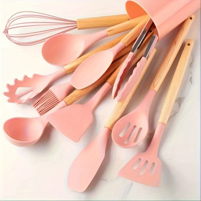 Ensemble d'Ustensiles de Cuisine en Silicone Beige avec Manche en Bois - Lot de 12, Ustensiles de Cuisine Sûrs, Anti-adhésifs, Lavables - Accessoires de Cuisine, Gadgets de Cuisine