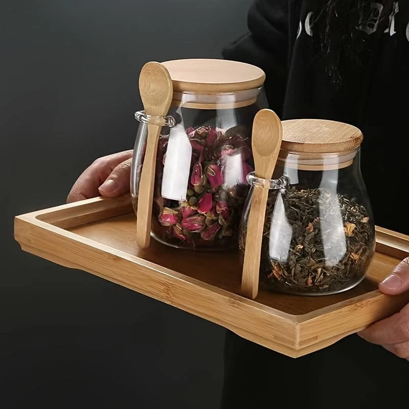 Lot de 3 Pots en Verre Hermétiques 350, 600 et 1000 ml – Couvercle Bambou et Cuillère