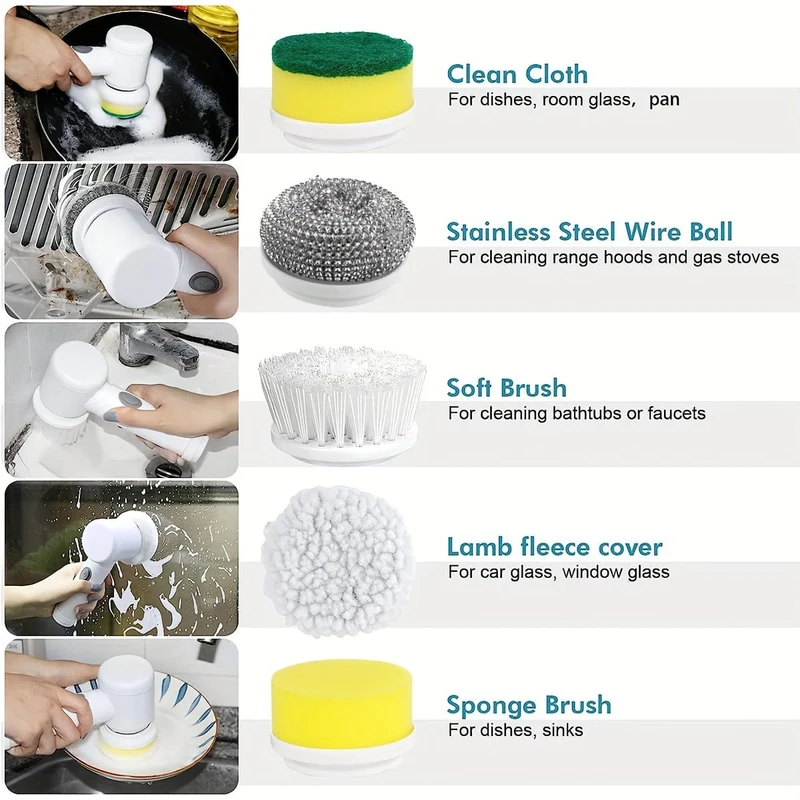 Brosse Rotative Électrique Sans Fil — 5 Têtes Interchangeables — Salle de bain et Cuisine