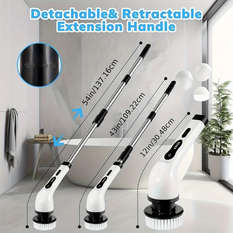 Brosse de Nettoyage Électrique Sans Fil — 8 Têtes, Manche 132 cm — Cuisine et Salle de bain