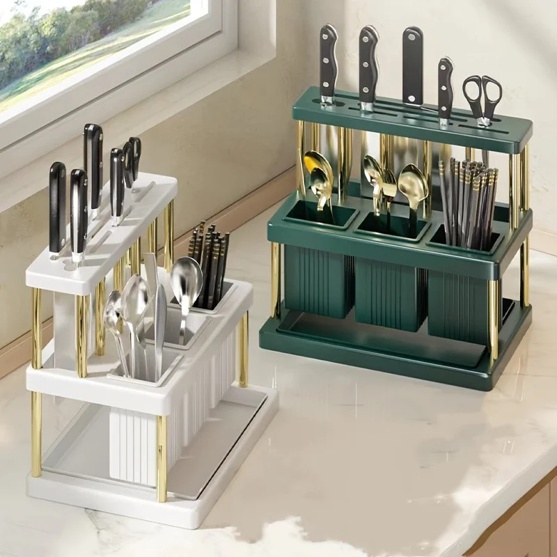 Porte-Couteaux et Range-Couverts 2 Étages – Bac d'Égouttage Amovible
