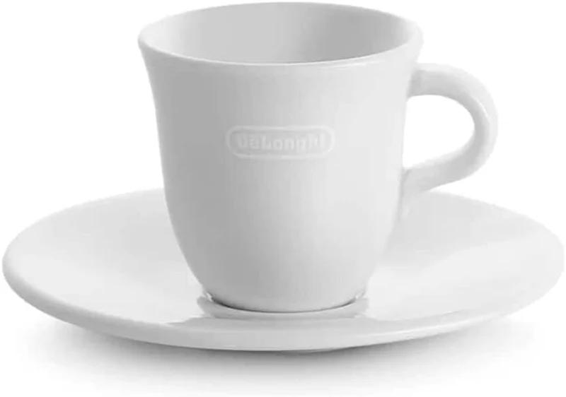 DeLonghi - Lot de 2 tasses à espresso et soucoupes en porcelaine blanche (70 ml)