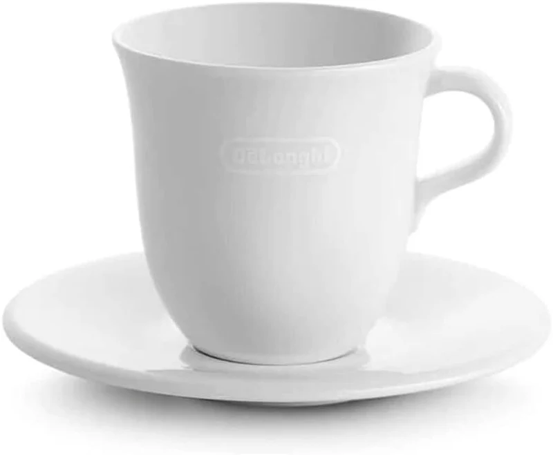 DeLonghi - Lot de 2 tasses à cappuccino et soucoupes en porcelaine blanche (270 ml)