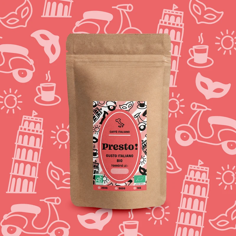 Café Moulu Presto - Blend Gusto Italiano | Arabica/Robusta - Café Certifié Biologique - Goût Italien