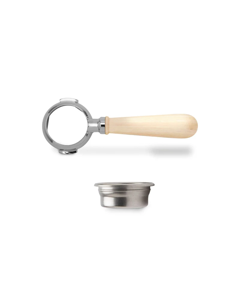 Lelit — Porte-filtre sans fond 58 mm chromé, manche en bois d'érable, panier IMS 18-21 g (2 doses)