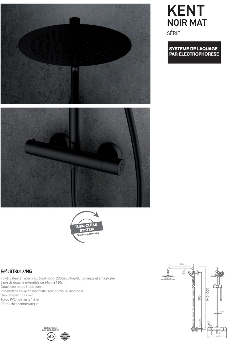 Ensemble de douche thermostatique série Kent Noir mat