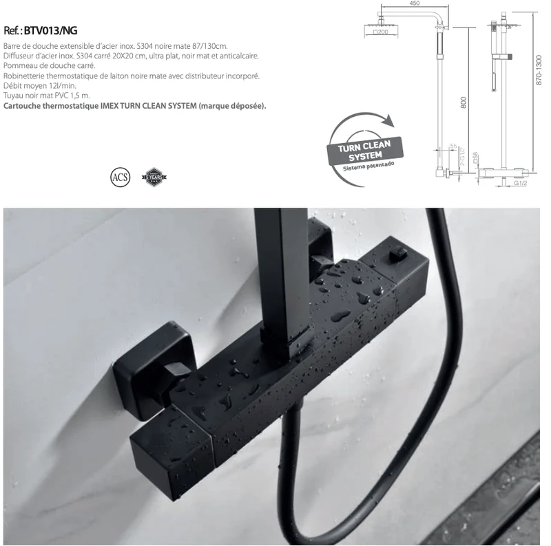 Ensemble de douche thermostatique série Vigo Noir mat