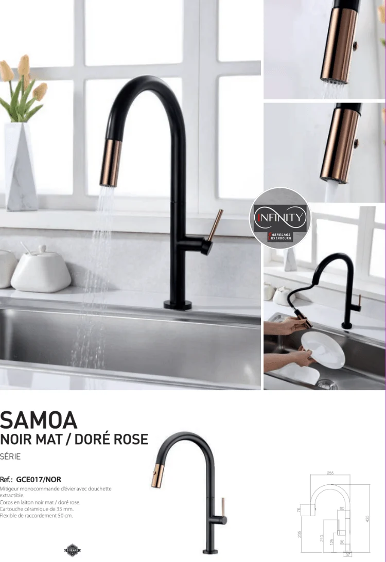 Robinet mitigeur de cousine série Samoa noir mat doré rose