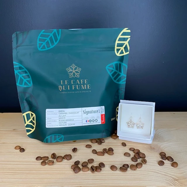 Coffret thé ou café + boucles d'oreilles "fleur de café"